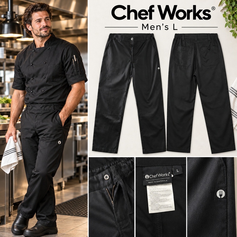 Chef Works Mens Black Professional Culinary Kitchen Pants Large Elastic Waist L